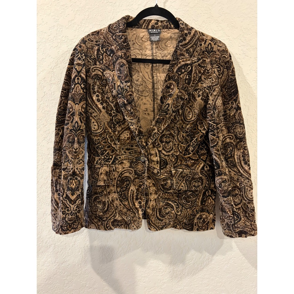Mixit Stretch Brown Paisley Corduroy Blazer Jacket Size 8 Single Button Pockets